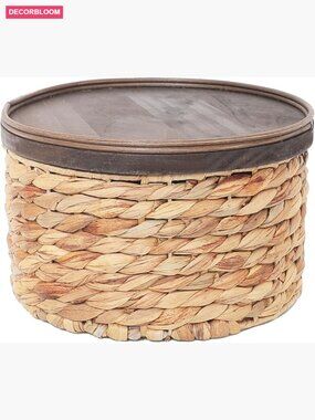 Small Woven Storage Basket with Wooden Lid - Handmade Natural Hyacinth Round